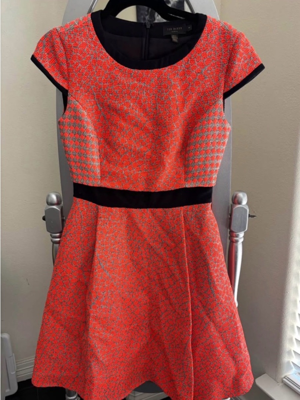 Ted Baker Red Textured Cap-Sleeve Dress with Black Trim